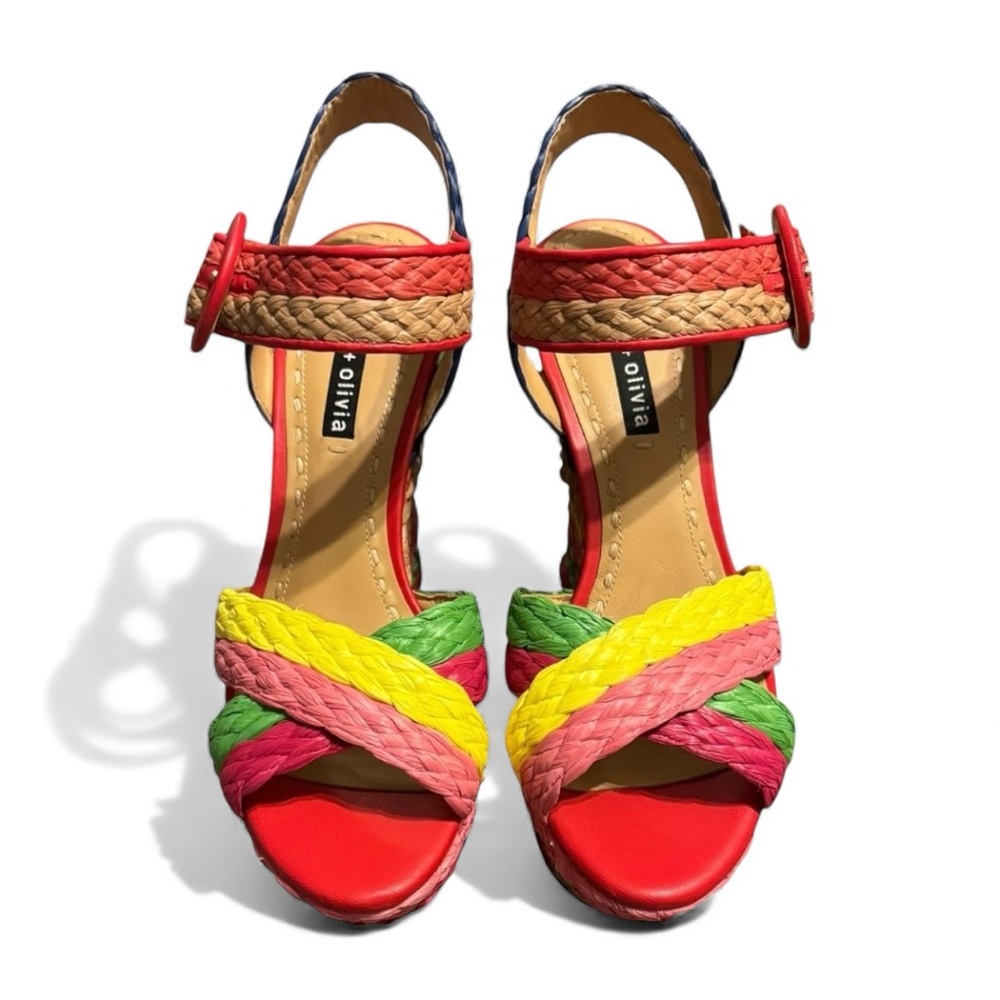 NEW Alice + Olivia Rainbow Espadrilles Raffia Platform Wedge Sandals Shoes 8.5